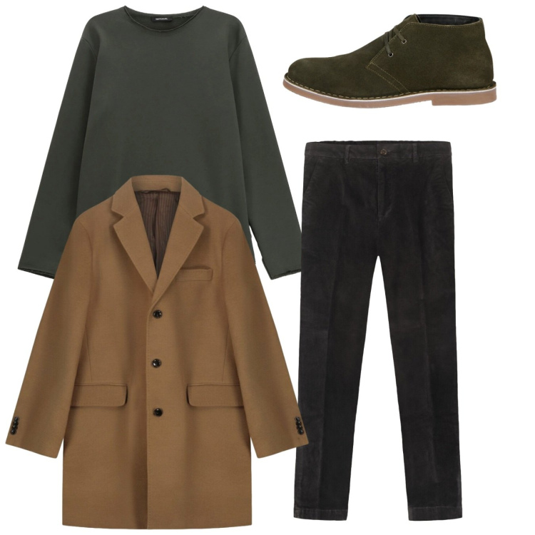 Outfit uomo - Total look. Stile Casual per Tutti i giorni. Abbinamento con felpe, cappotti, stivali e stivaletti, pantaloni.