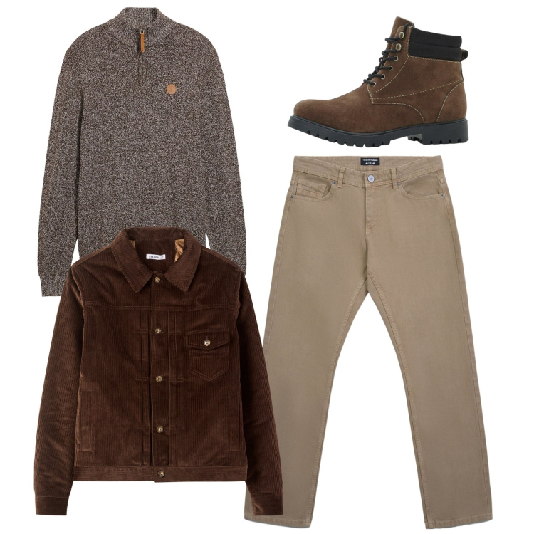 Outfit uomo - Total look. Stile Casual per Tutti i giorni. Abbinamento con maglieria, stivali e stivaletti, jeans, cappotti.