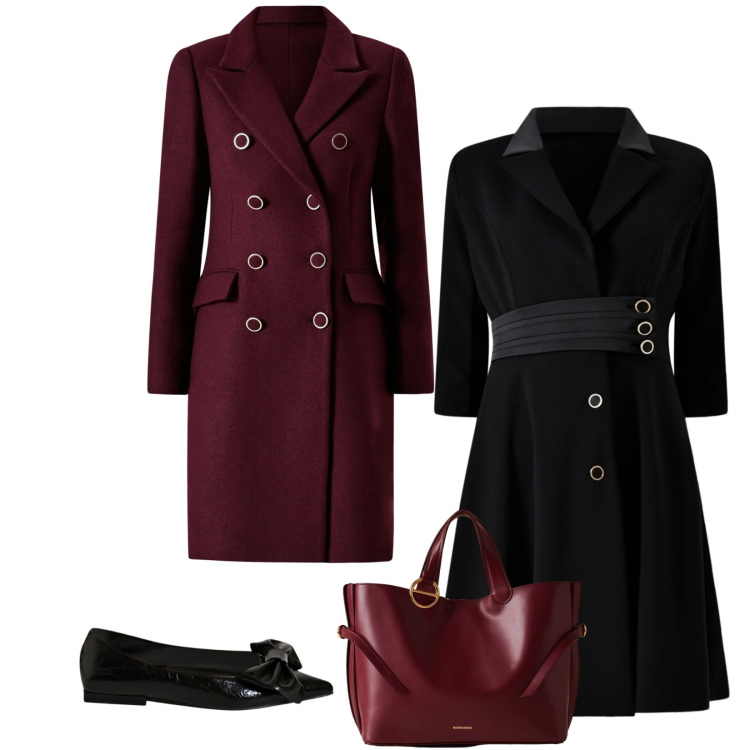 Outfit donna - In ufficio con stile. Stile Chic per Ufficio. Abbinamento con cappotti, vestiti midi/longuette, ballerine, shopping bag.