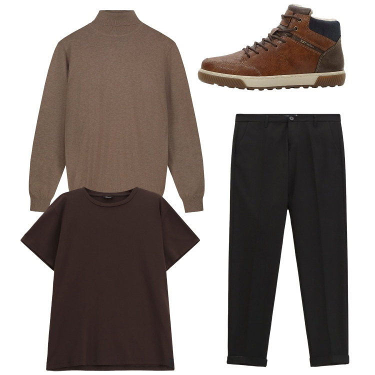 Outfit uomo - Total look. Stile Casual per Tutti i giorni. Abbinamento con sneakers alte, pantaloni, t-shirt, maglieria.