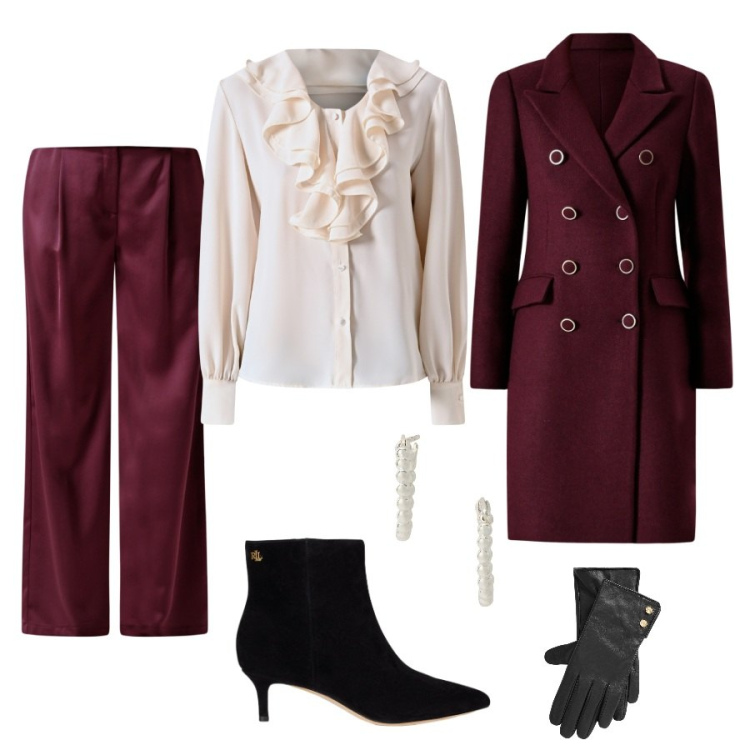 Outfit donna - Con stile. Abbinamento con bluse, pantaloni a palazzo, cappotti, orecchini, stivaletti, guanti.