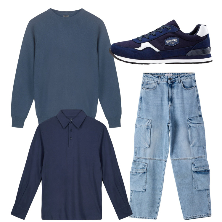 Outfit uomo - Total look. Stile Casual per Tutti i giorni. Abbinamento con sneakers, jeans, polo, maglieria.