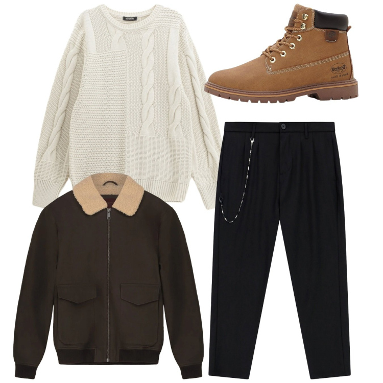 Outfit uomo - Total look. Stile Casual per Tutti i giorni. Abbinamento con stivali e stivaletti, pantaloni, maglieria, bomber.