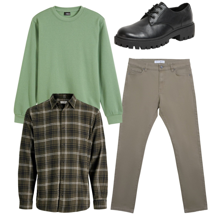 Outfit uomo - Total look. Stile Casual per Tutti i giorni. Abbinamento con felpe, camicie, scarpe stringate, pantaloni skinny.