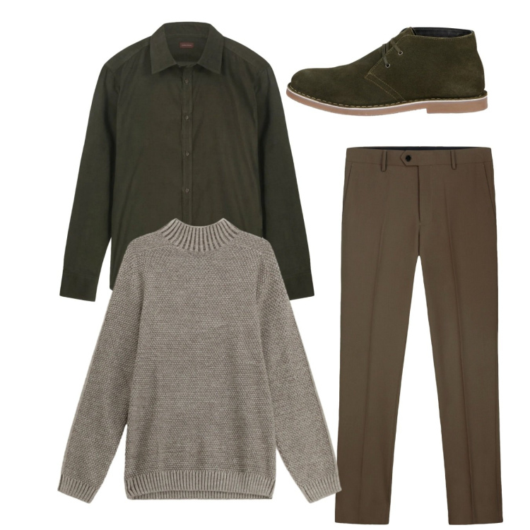 Outfit uomo - Total look. Stile Casual per Tutti i giorni. Abbinamento con maglieria, stivali e stivaletti, pantaloni, camicie.
