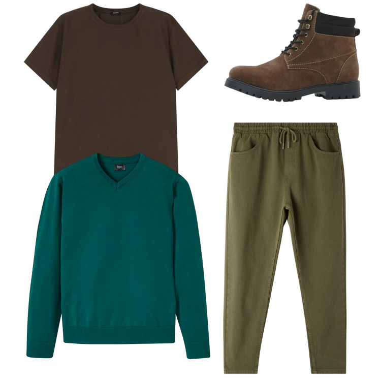 Outfit uomo - Total look. Stile Casual per Tutti i giorni. Abbinamento con stivali e stivaletti, maglieria, pantaloni, t-shirt.
