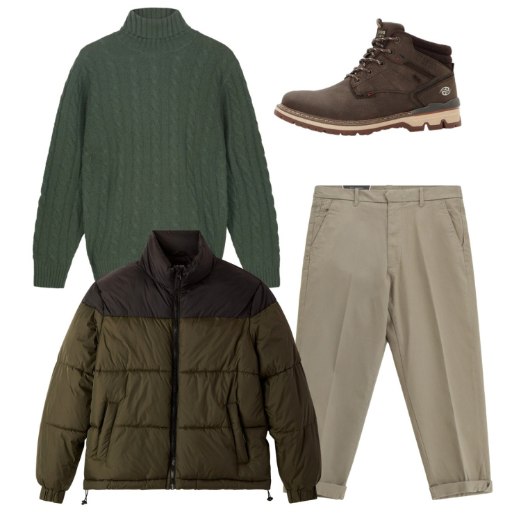 Outfit uomo - Total look. Stile Casual per Tutti i giorni. Abbinamento con stivali e stivaletti, bomber, pantaloni chino, maglieria.