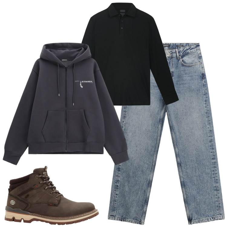Outfit uomo - Total look #2292542. Stile Casual per Tutti i giorni. Abbinamento con stivali e stivaletti, jeans dritti, felpe con cappuccio, polo.