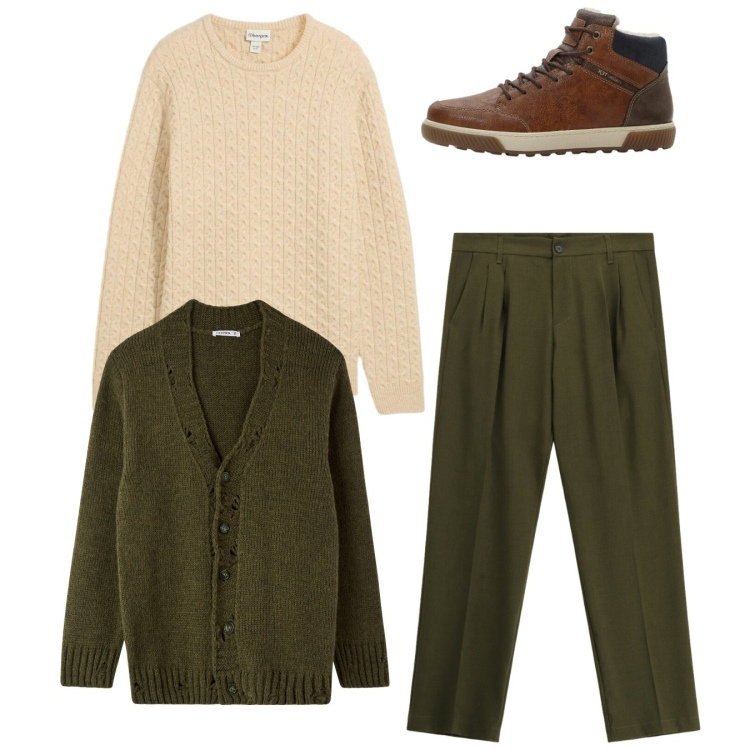 Outfit uomo - Total look. Stile Casual per Tutti i giorni. Abbinamento con maglieria, sneakers alte, cardigans, pantaloni.