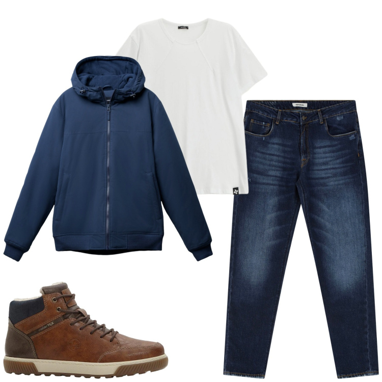 Outfit uomo - Total look #2292547. Stile Casual per Tutti i giorni. Abbinamento con sneakers alte, giacche, jeans dritti, t-shirt.