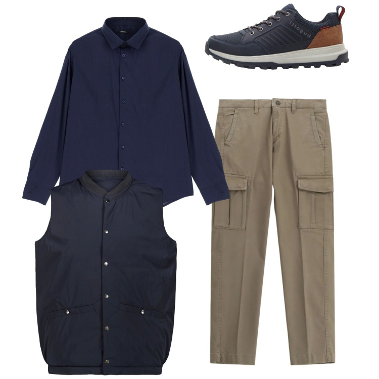 Outfit uomo - Total look. Stile Casual per Tutti i giorni. Abbinamento con sneakers, camicie, pantaloni cargo, piumini.