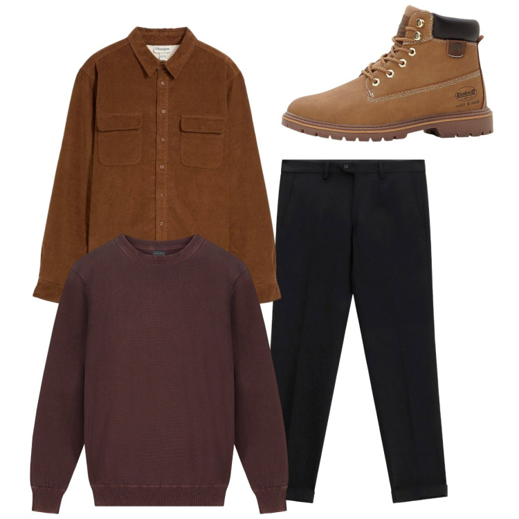 Outfit uomo - Total look. Stile Casual per Tutti i giorni. Abbinamento con stivali e stivaletti, camicie, pantaloni, maglieria.