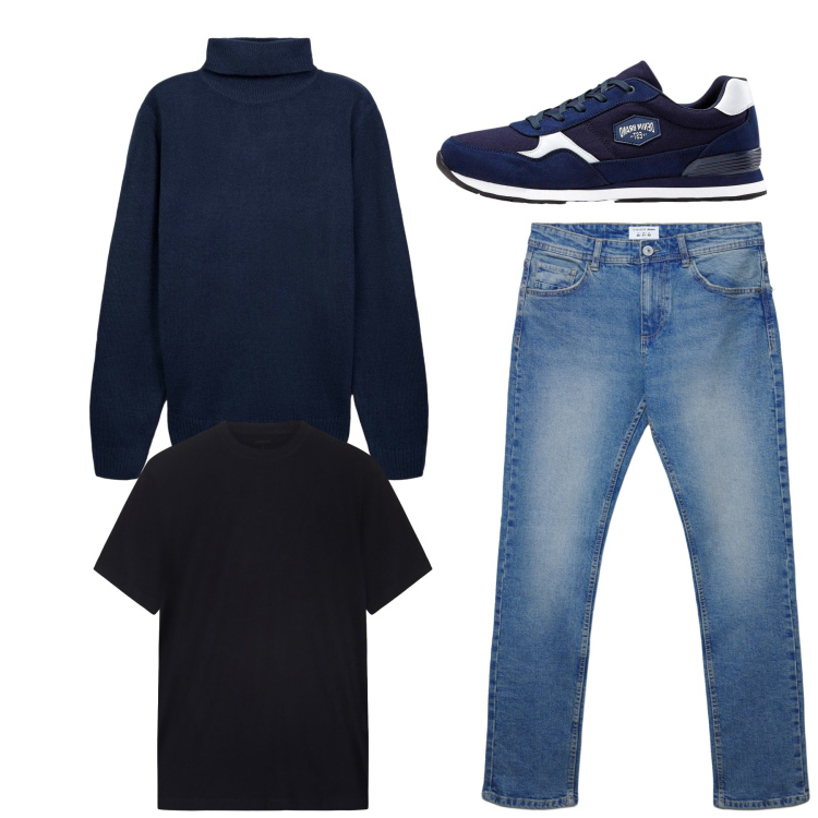 Outfit uomo - Blu. Stile Casual per Tutti i giorni. Abbinamento con sneakers, maglieria, jeans dritti, t-shirt.