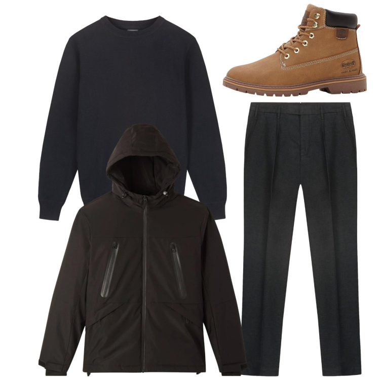 Outfit uomo - Total look. Stile Casual per Tutti i giorni. Abbinamento con stivali e stivaletti, giacche, maglieria, pantaloni.