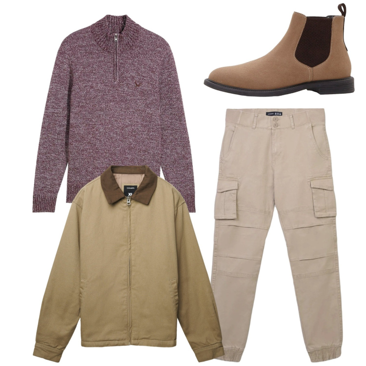 Outfit uomo - Total look. Stile Casual per Tutti i giorni. Abbinamento con maglieria, stivali e stivaletti, pantaloni cargo, cappotti.