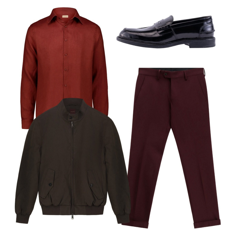 Outfit uomo - Total look. Stile Casual per Tutti i giorni. Abbinamento con pantaloni, camicie, scarpe stringate, bomber.
