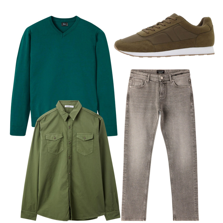 Outfit uomo - Total look. Stile Casual per Tutti i giorni. Abbinamento con maglieria, sneakers, jeans, camicie.