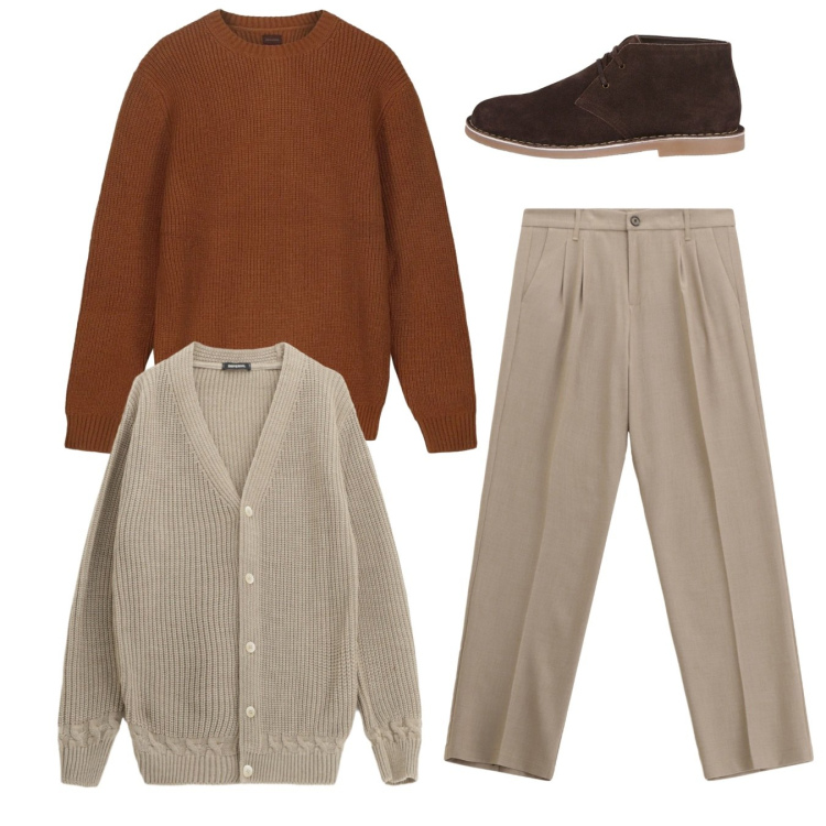 Outfit uomo - Total look. Stile Casual per Tutti i giorni. Abbinamento con pantaloni, cardigans, stivali e stivaletti, maglieria.