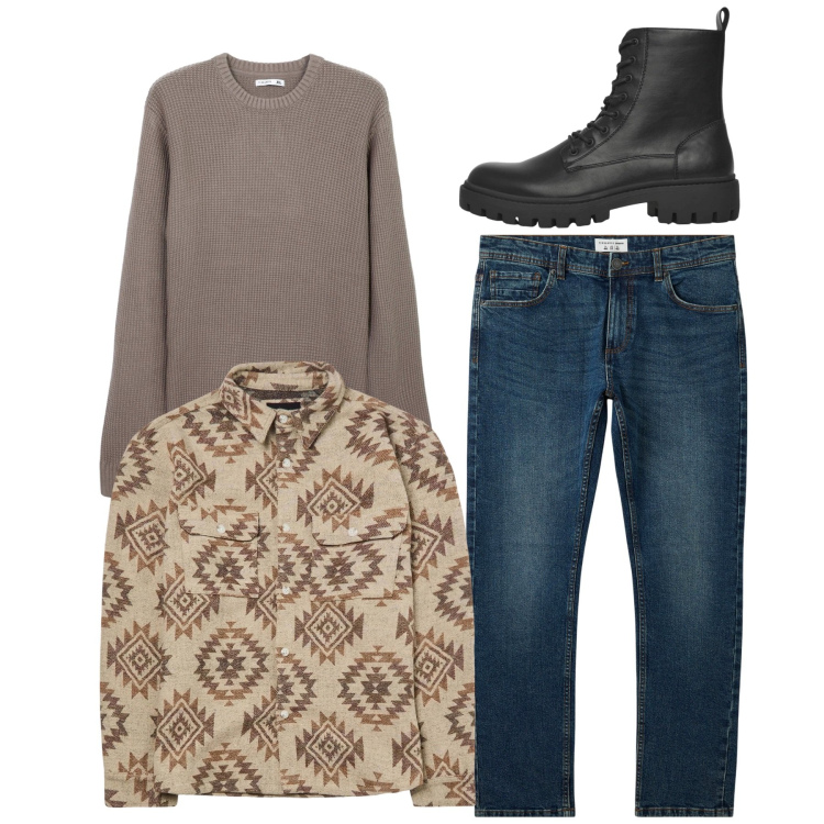 Outfit uomo - Total look. Stile Casual per Tutti i giorni. Abbinamento con jeans, cappotti, anfibi, maglieria.