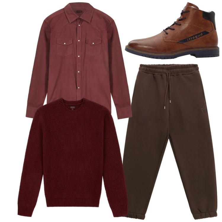 Outfit uomo - Total look. Stile Casual per Tutti i giorni. Abbinamento con anfibi, pantaloni, camicie, maglieria.