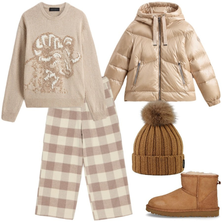 Outfit donna - Al calduccio. Abbinamento con berretti, pantaloni, maglieria, piumini, stivaletti chelsea.