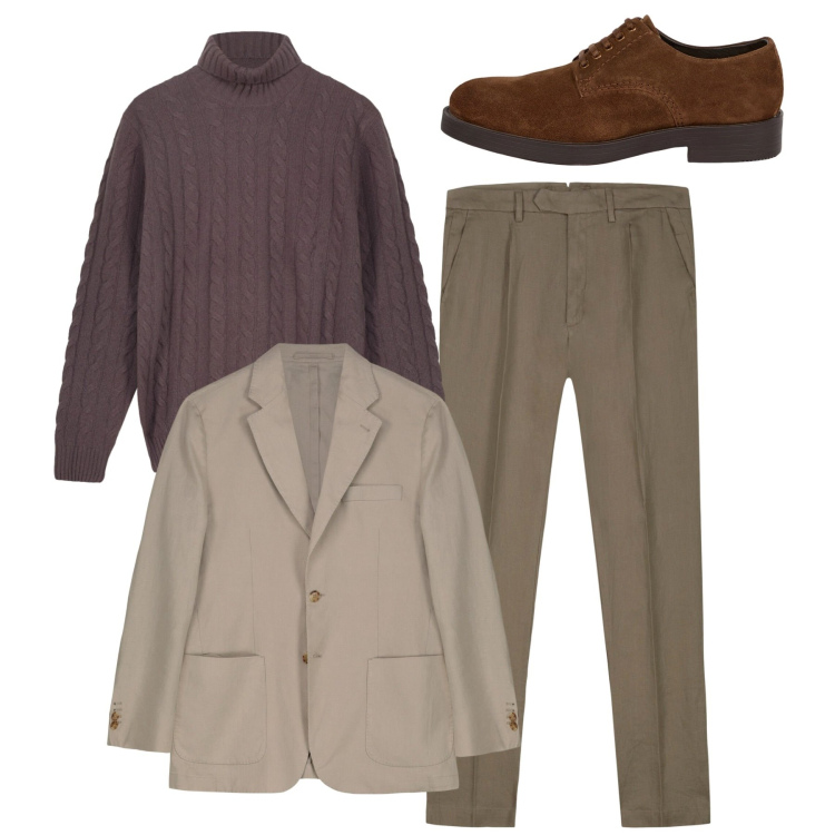 Outfit uomo - Total look. Stile Casual per Tutti i giorni. Abbinamento con scarpe stringate, giacche, pantaloni, maglieria.