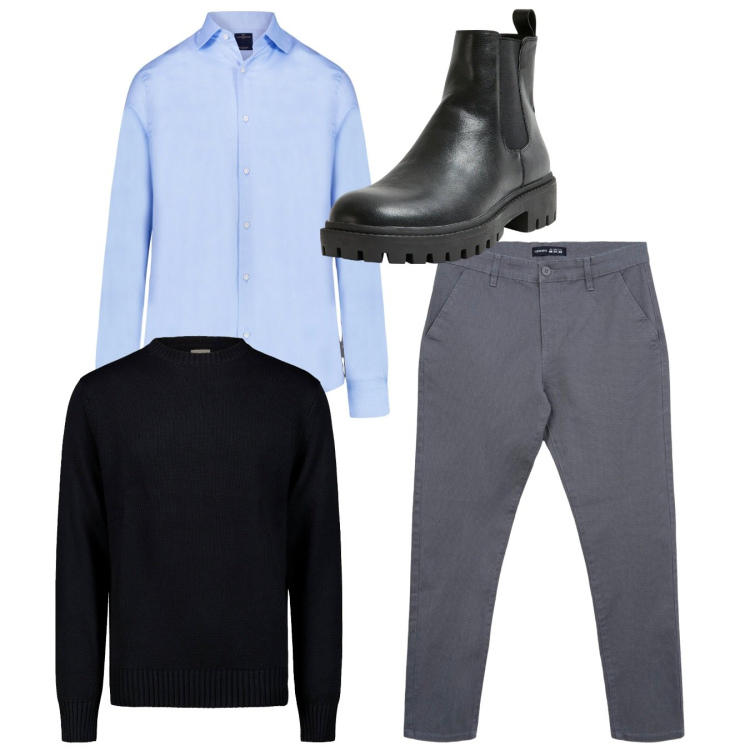 Outfit uomo - Total look. Stile Casual per Tutti i giorni. Abbinamento con pantaloni chino, stivali e stivaletti, maglieria, camicie.