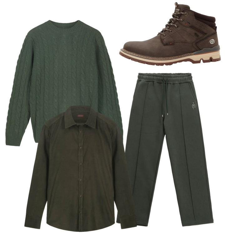 Outfit uomo - Total look. Stile Casual per Tutti i giorni. Abbinamento con stivali e stivaletti, pantaloni, maglieria, camicie.
