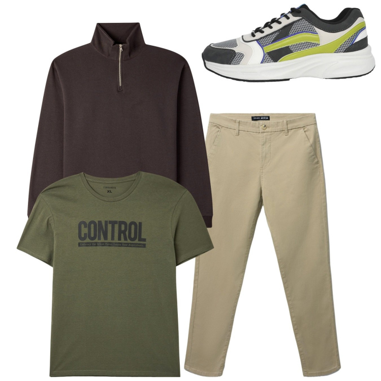 Outfit uomo - Total look. Stile Casual per Tutti i giorni. Abbinamento con t-shirt, pantaloni chino, sneakers, felpe.