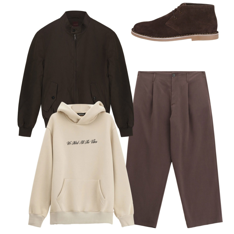 Outfit uomo - Total look. Stile Casual per Tutti i giorni. Abbinamento con pantaloni, felpe con cappuccio, stivali e stivaletti, bomber.