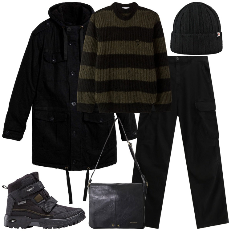 Outfit uomo - Sotto la pioggia. Stile Casual Abbinamento con stivali e stivaletti, parka, maglieria, borse sportive, pantaloni cargo, cappelli.