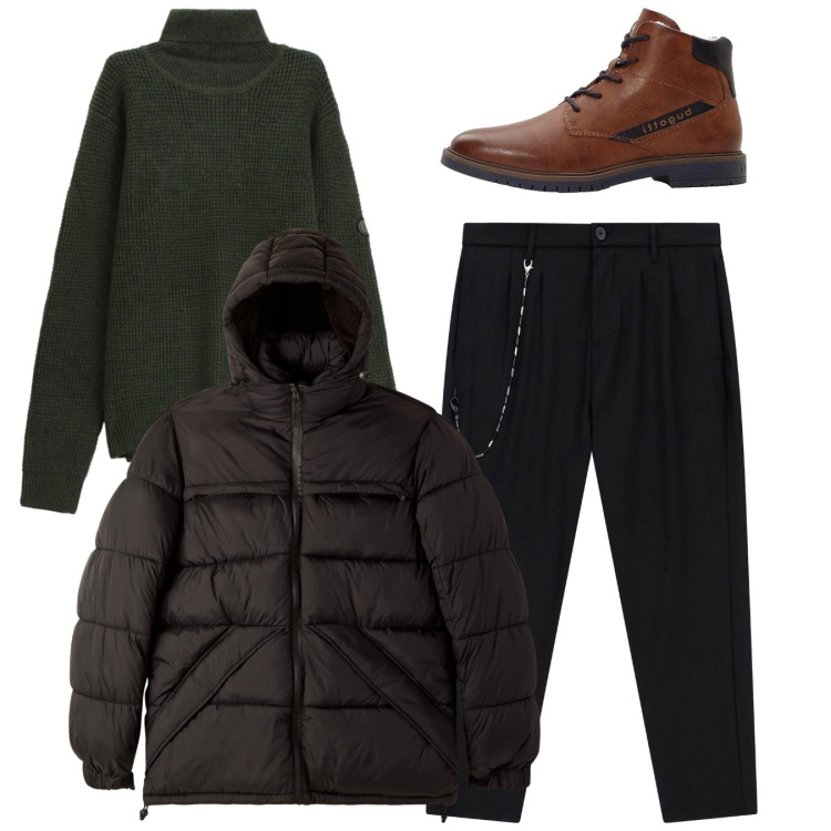 Outfit uomo - Total look. Stile Casual per Tutti i giorni. Abbinamento con anfibi, bomber, pantaloni, maglieria.