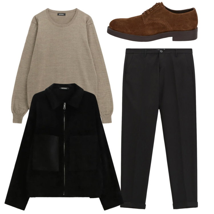 Outfit uomo - Total look. Stile Casual per Tutti i giorni. Abbinamento con pantaloni, maglieria, cappotti, scarpe stringate.