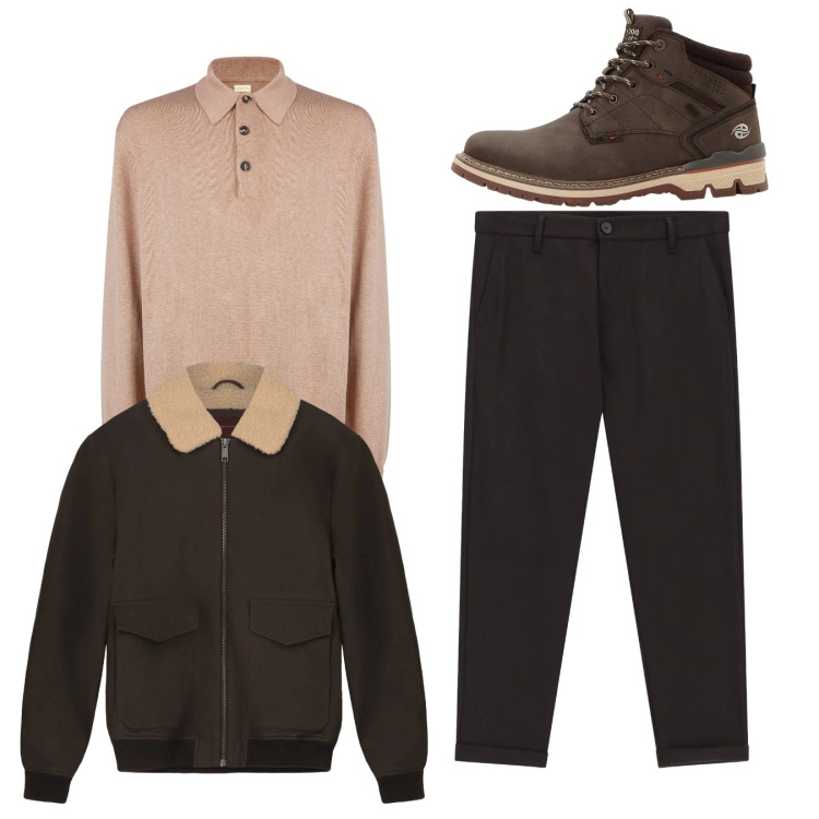 Outfit uomo - Total look. Stile Casual per Tutti i giorni. Abbinamento con stivali e stivaletti, pantaloni, polo, bomber.