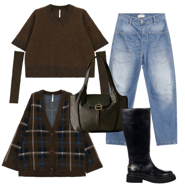 Outfit donna - Total look. Stile Casual per Tutti i giorni. Abbinamento con jeans, stivali sopra il ginocchio, cardigans, maglieria, shopping bag.