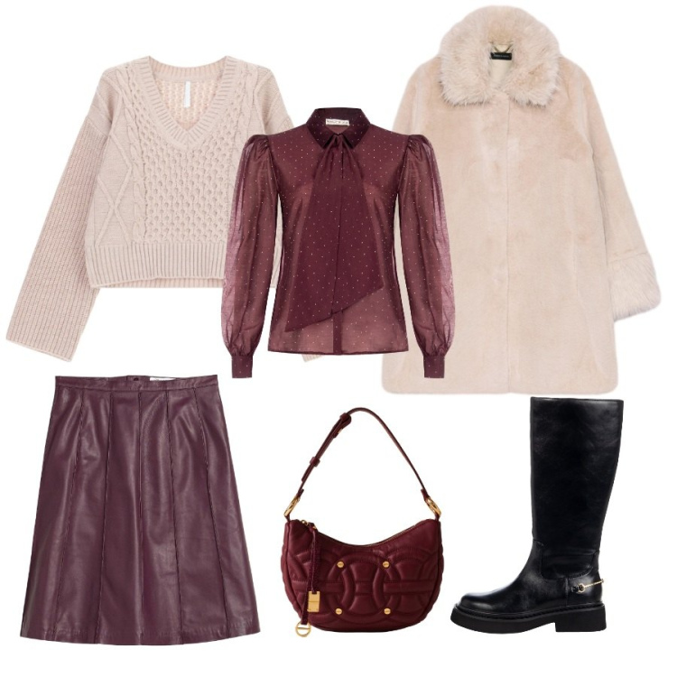 Outfit donna - Total look #2292582. per Ufficio. Abbinamento con gonne, camicie, stivali sopra il ginocchio, maglieria, borse a spalla, cappotti.