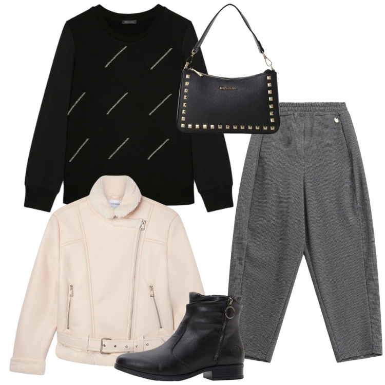 Outfit donna - Total look. Stile Bon Ton per Tutti i giorni. Abbinamento con stivaletti, bomber, pantaloni, pochette, felpe.