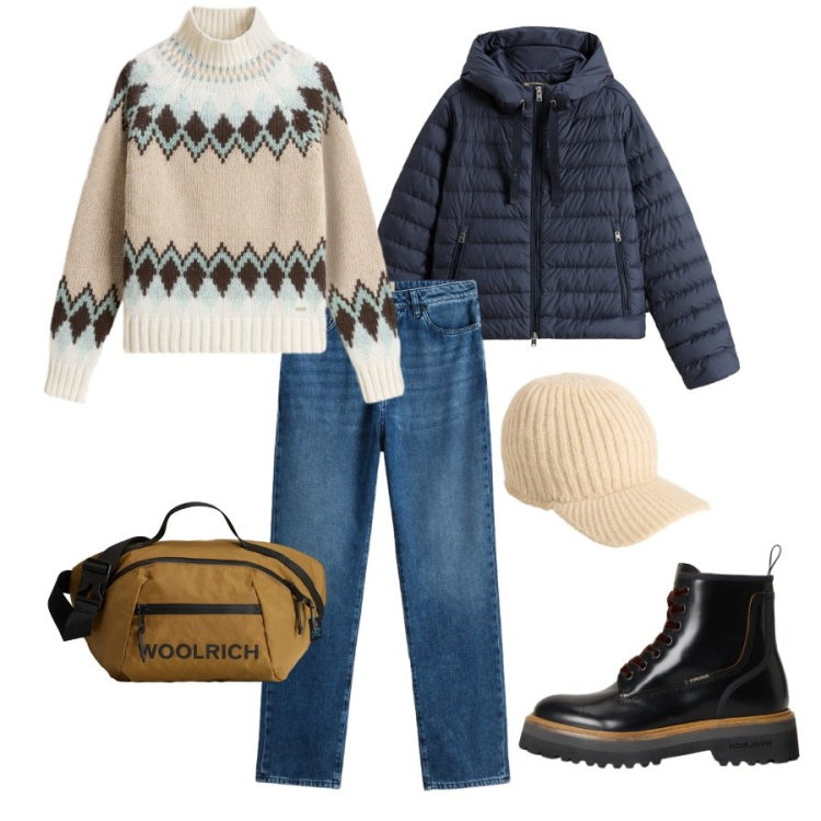 Outfit donna - Total look #2292586. Abbinamento con borse a tracolla, anfibi, maglieria, cappelli, jeans, piumini.