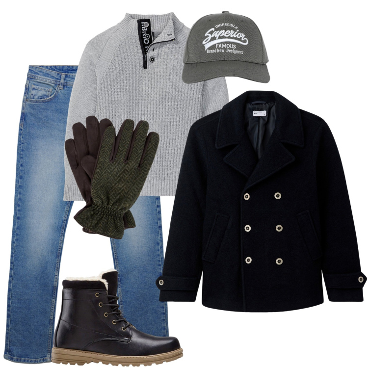 Outfit uomo - Stile da viaggio. Stile Casual per Tutti i giorni. Abbinamento con stivali e stivaletti, maglieria, cappotti, cappelli con visiera, jeans dritti, guanti.