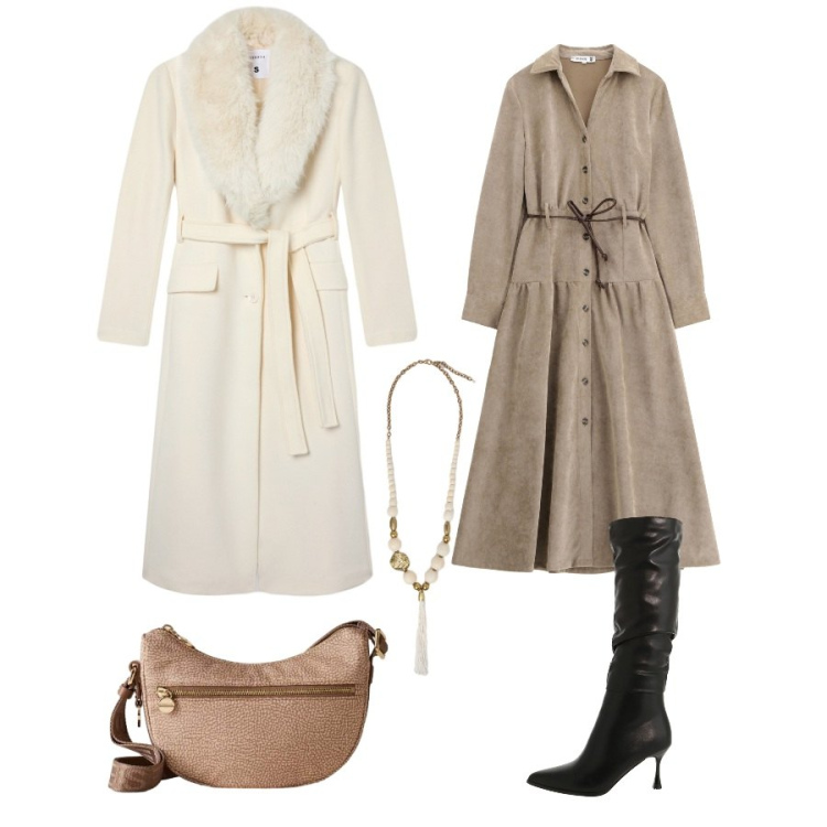 Outfit donna - Total look #2292589. Abbinamento con vestiti lunghi, cappotti, stivali sopra il ginocchio, borse a tracolla, ciondoli.