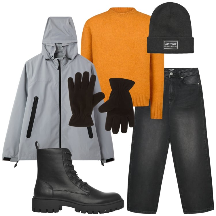 Outfit uomo - Passeggiata sotto la pioggia. Stile Biker Rock per Tutti i giorni. Abbinamento con giacche, jeans dritti, anfibi, berretti, guanti, maglieria.