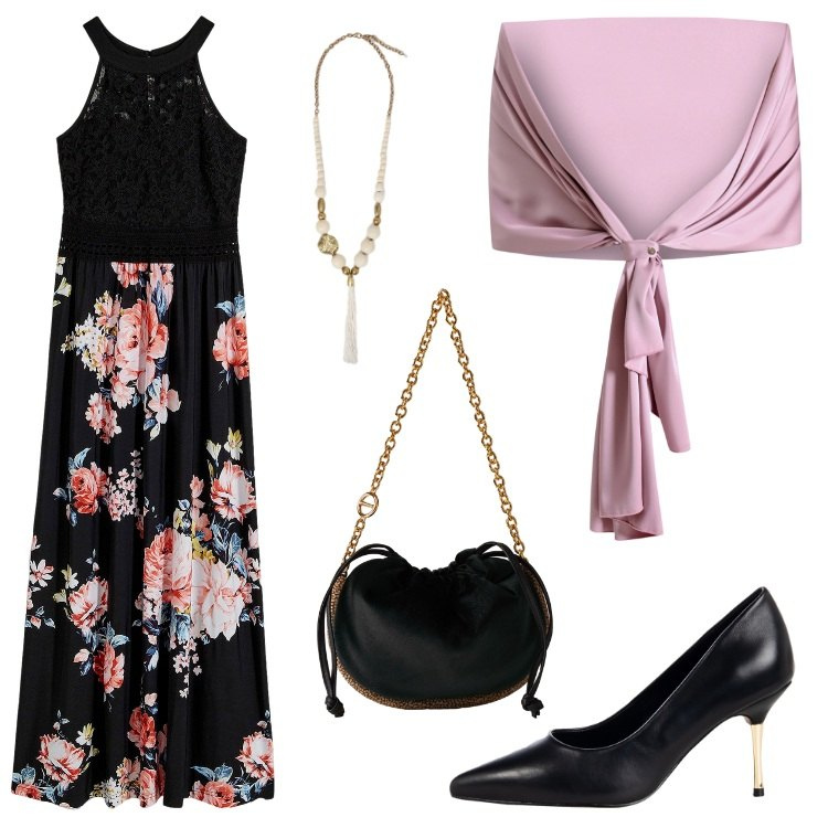 Outfit donna - Total look #2292591. Stile Chic per Serata fuori. Abbinamento con vestiti lunghi, scialli, décolleté, borse a spalla, ciondoli.