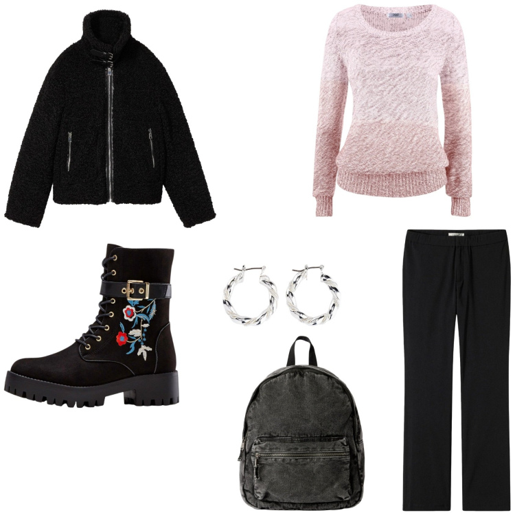 Outfit donna - Scool. Stile Urban per Scuola/Università. Abbinamento con maglieria, stivali, orecchini, ecopellicce, pantaloni, zaini.