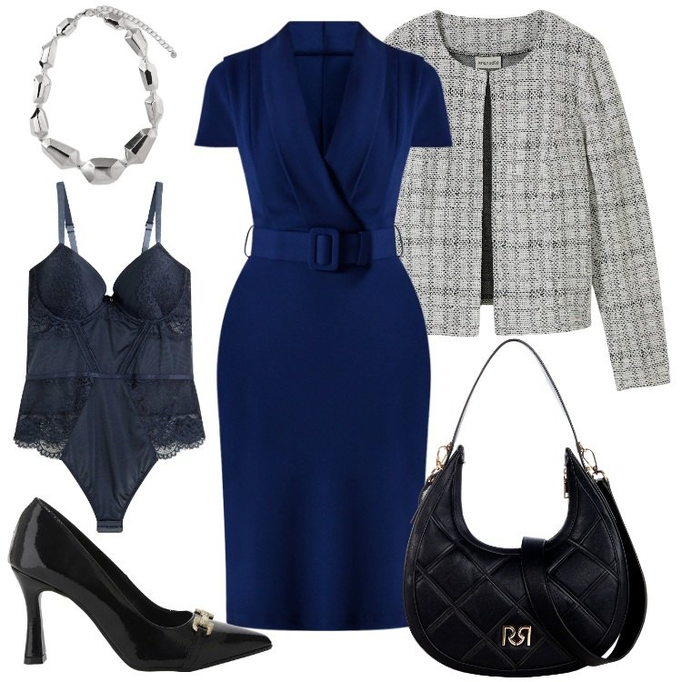 Outfit donna - Total look #2292596. Stile Chic per Serata fuori. Abbinamento con cardigans, body, borse a tracolla, vestiti a tubino, décolleté, ciondoli.