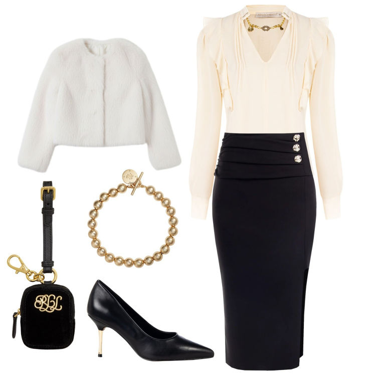 Outfit donna - Serata romantica. Stile Bon Ton per Serata fuori. Abbinamento con gonne, bluse, décolleté, ecopellicce, braccialetti, pochette.