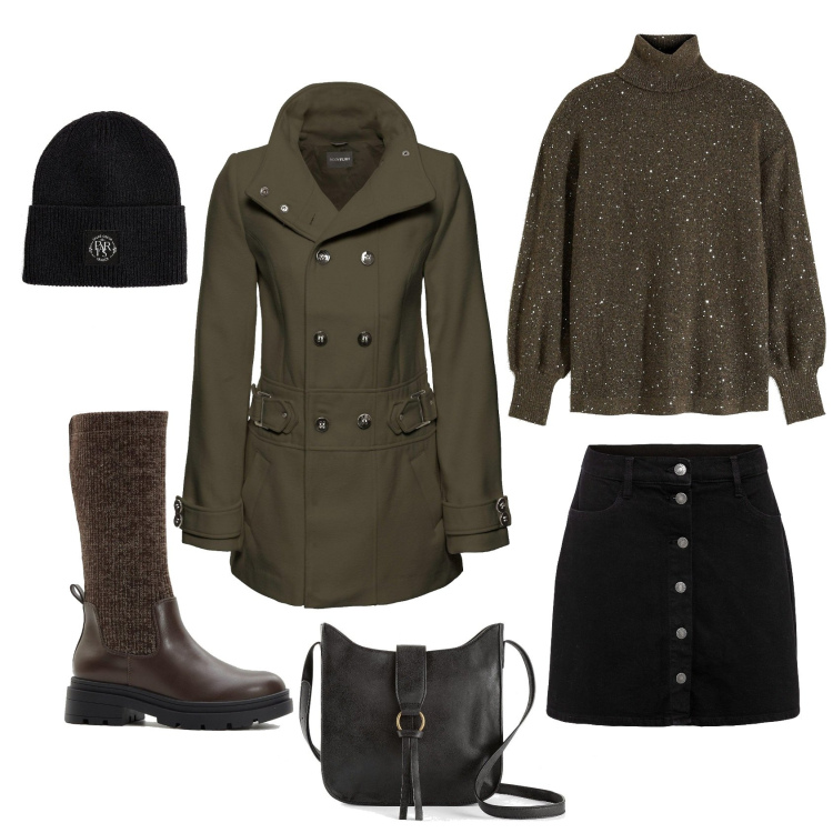 Outfit femme - Kaki & Pull Paillettes. Style Tendance pour Tous les jours. Assortir avec pulls, sacs en bandoulière, manteaux, jupes longues, bonnets, bottes.