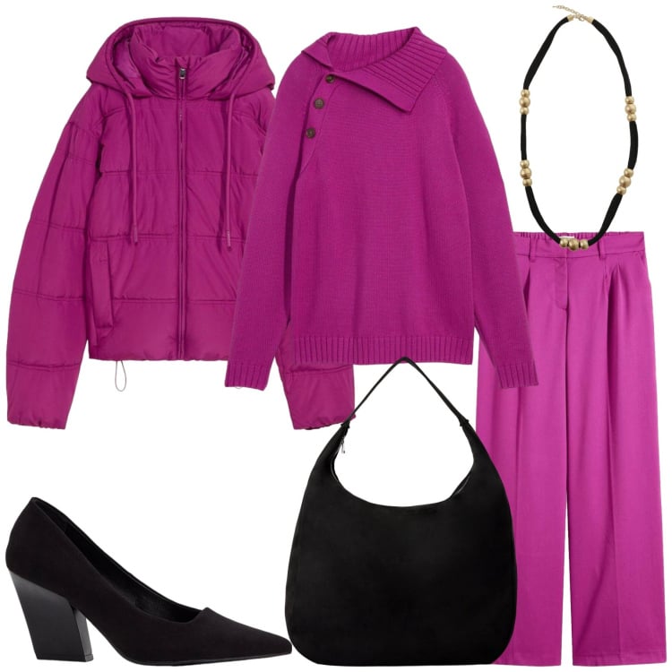 Outfit donna - Il colore della giornata. Stile Trendy per Tutti i giorni. Abbinamento con pantaloni a palazzo, giacche, décolleté, maglieria, borse a mano, collane.
