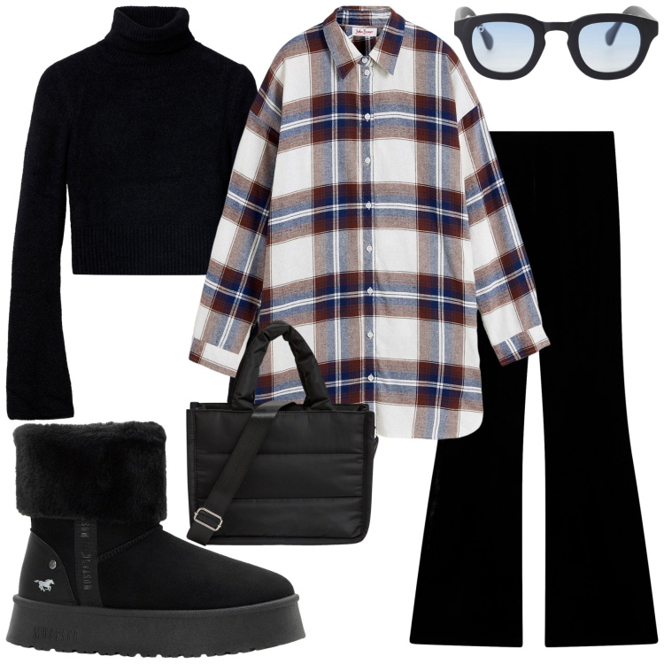 Outfit donna - Tocco chic. Stile Vintage retrò per Tutti i giorni. Abbinamento con camicie, stivaletti, leggings, maglieria, shopping bag, occhiali da sole.