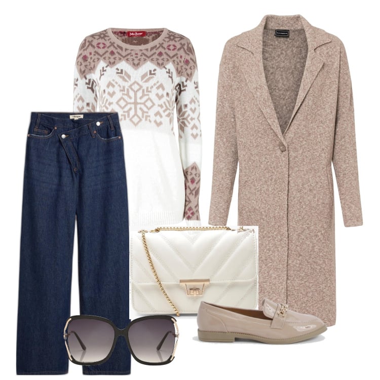 Outfit femme - Novembre. Style Casual chic pour Tous les jours. Assortir avec pulls, jeans, manteaux, sacs en bandoulière, lunettes de soleil, mocassins.