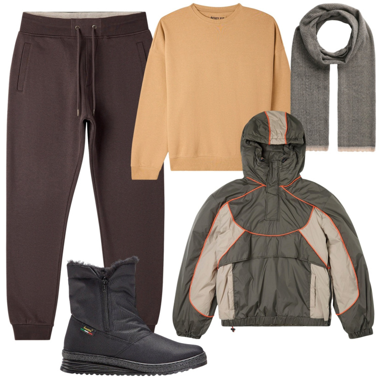 Outfit uomo - Passeggiata sotto la pioggia. Stile Trendy per Tutti i giorni. Abbinamento con stivali e stivaletti, giacche, felpe, sciarpe, pantaloni.